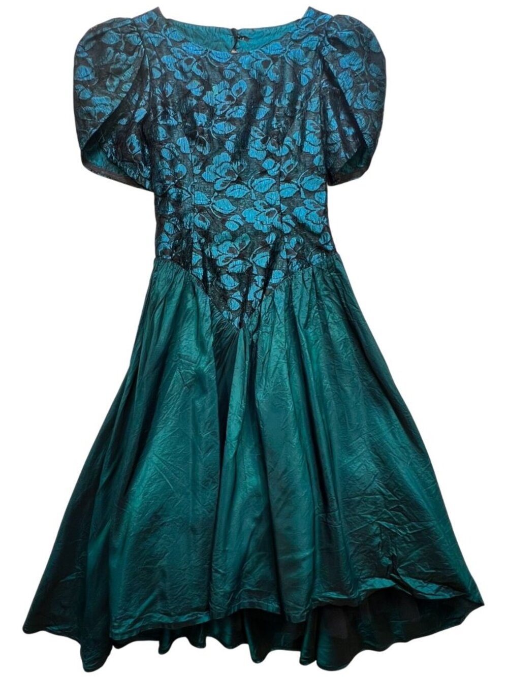 Vintage Women's Lace Cocktail Dress Puff Sleeve Size 10 Teal Black Keyhole Back